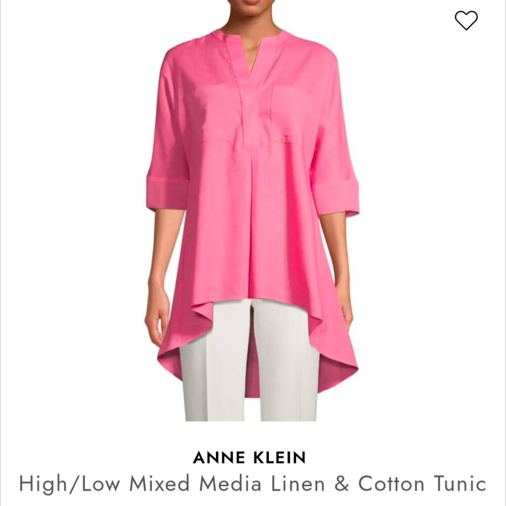 ⭐ NEW NWT Anne Klein High/Low Mixed Media Linen Blend Pink Tunic Large